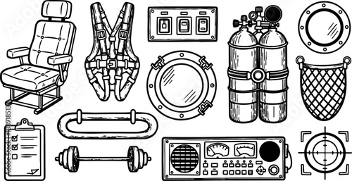 Black and white line art medical equipment and diving gear set with oxygen tanks and chair illustration