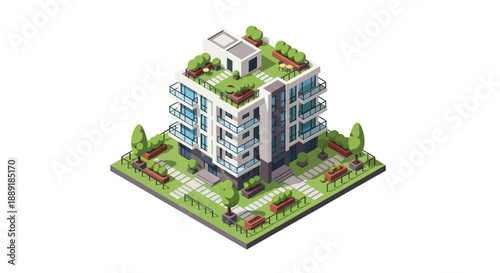 Isometric illustration of a modern apartment building with rooftop garden.