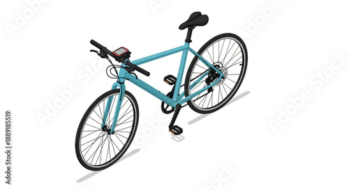 Blue bicycle with black wheels and accessories on white background.
