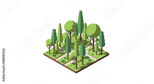 Isometric illustration of a forest with various trees and greenery.