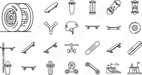 Skateboard parts and accessories line icons set with decks wheels trucks helmets vector illustration