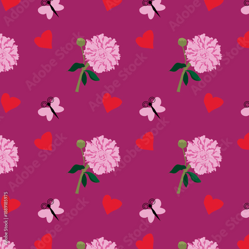 Pattern con peonie, cuori e farfalle rosa