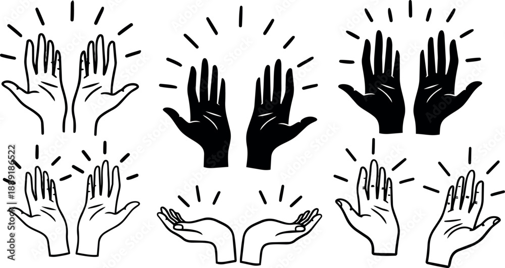 Fototapeta premium Black and white line art set of eight different hand gestures with radiating lines minimalistic illustration design