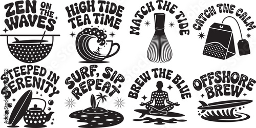 Surf and tea designs bundle, zen wave themes, ocean inspired brews collection