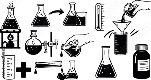 Hand drawn flat design laboratory glassware collection with chemical experiments and measurement tools in black and white