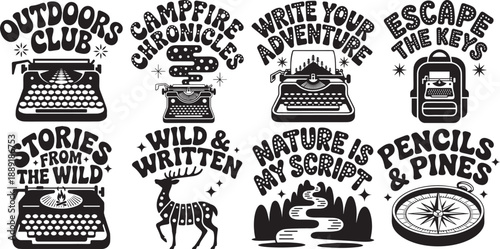 Outdoor typewriter storytelling graphics nature writing adventure set