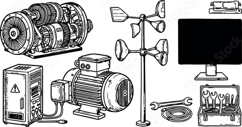 Detailed black and white technical line art of industrial equipment including motor generator control panel and anemometer close up drawing