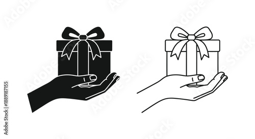 Hands holding gift boxes with bows in black and white line art