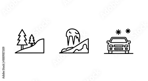 Winter Hazard Icons: Snow-Covered Trees, Avalanche, and Snow on Car for Seasonal Warnings
