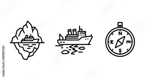 Nautical line icons representing an iceberg with a ship, a sinking ship, and a compass for maritime themes.