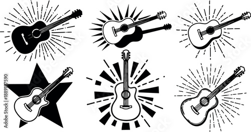 Black and white graphic design collection of six acoustic guitar logos with starburst background elements and dynamic shapes