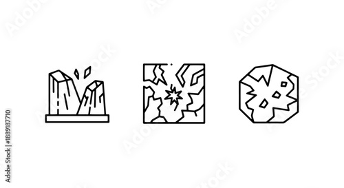 Set of simple line art icons representing broken or fractured elements: cracking rocks, shattered ice, and a fragmented crystalline structure.
