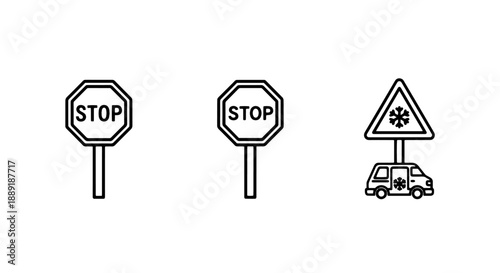 Icon set for winter driving: two stop signs and a triangular warning sign depicting a car driving through snowflakes.