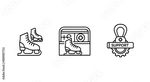 Ice skating icons: skates, rink, and support medal for winter sports and recreational activities