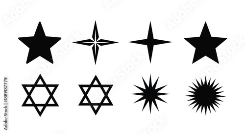 Collection of black star shapes and celestial symbols on white background