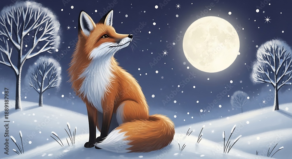Obraz premium A fox sits in a snowy landscape under a full moon, with sparse trees