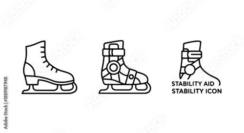 Set of line icons for ice skates and a stability aid, representing winter sports, figure skating, hockey, and support for balance on ice.