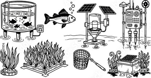 Black and white technical line art of various underwater robotic equipment and aquatic plants collection in vintage style technical drawing