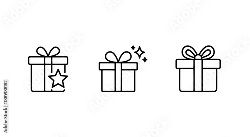 Simple line icons of gift boxes with ribbons and bows, one adorned with a star and another with sparkling effects, perfect for celebrations.