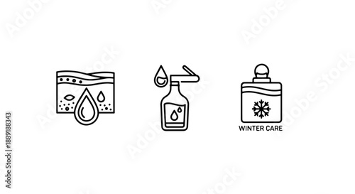 Winter Skin Care and Hydration Icons Set in Line Art Style, Highlighting Moisture, Protection, and Cold Weather Regimen for Beauty Products