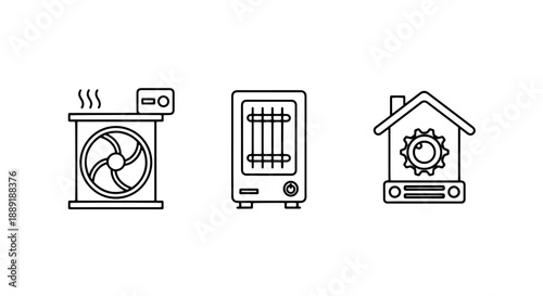 Home Heating, HVAC, and Climate Control Icons Set in Line Art Style, Representing Comfort, Efficiency, and Energy Systems