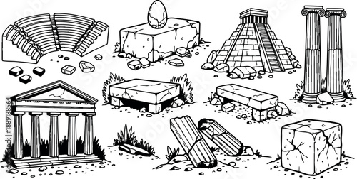 Hand drawn black and white sketch of ancient greco roman ruins including temples columns altars and amphitheater in detailed vintage style