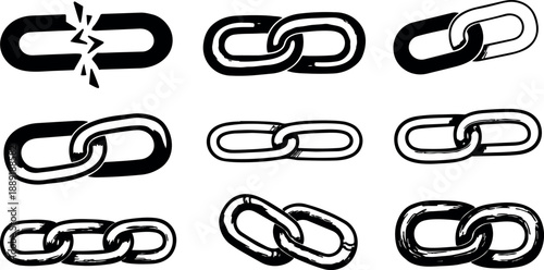 Black and white sketch style collection of broken and intact chain links isolated on white background detailed hand drawn illustrations