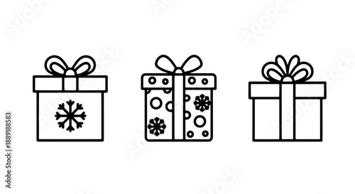 Charming winter gift boxes with snowflake details in line art, perfect for holiday season, Christmas, and festive gifting.