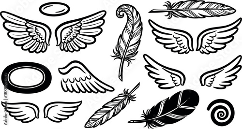 Black and white illustrated vintage feather and angel wings collection with halo and decorative swirl graphic design elements
