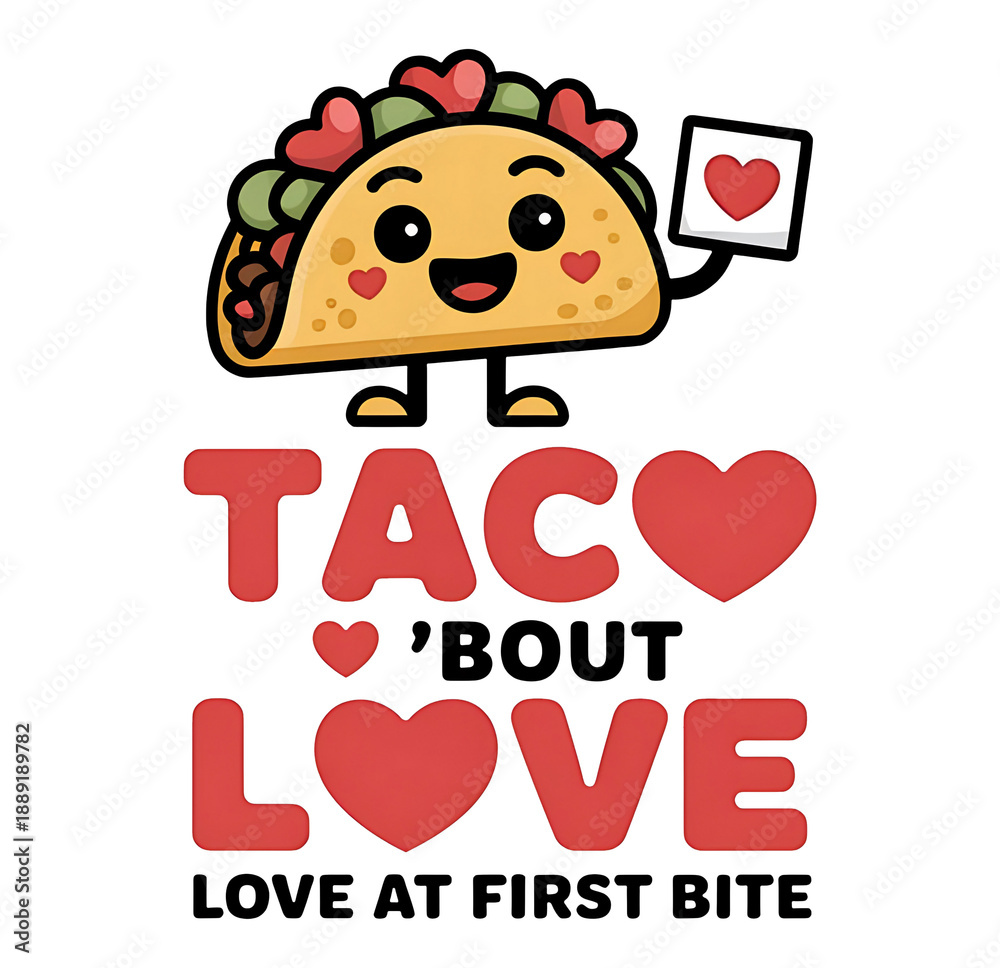 Fototapeta premium Cute taco character with hearts and love text on transparent background