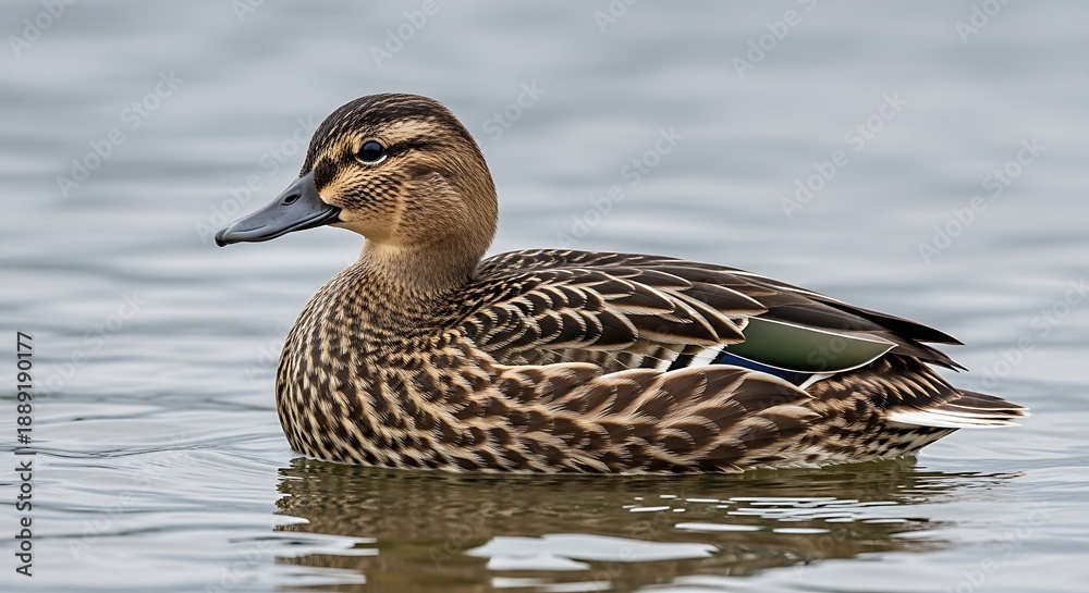 Fototapeta premium A single duck floats calmly on water, showcasing detailed brown and tan plumage