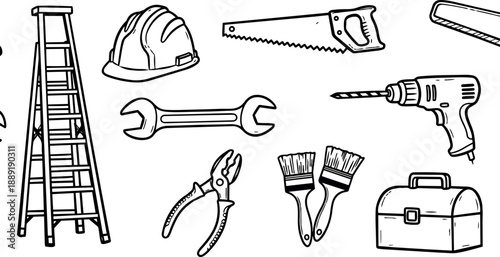 Black and white line art construction tools including ladder helmet saw wrench drill pliers paintbrushes and toolbox illustration