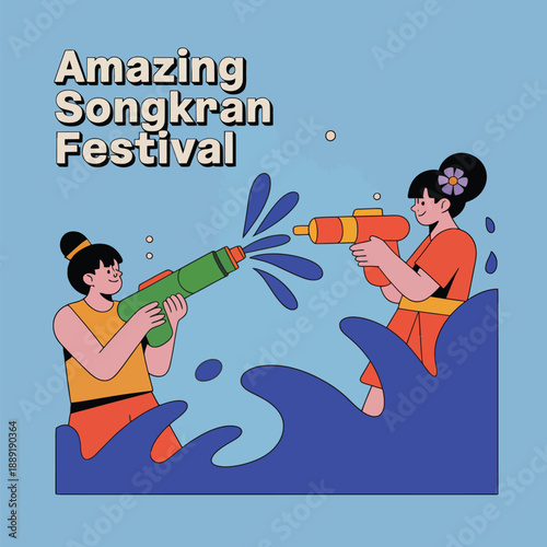 Two girls playing with water guns during Songkran festival