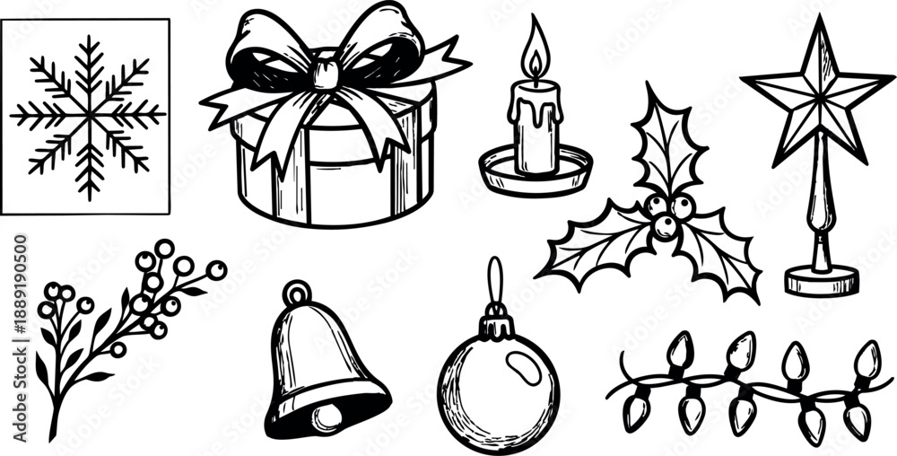 Naklejka premium Black and white line art sketch of various christmas decoration elements including gift, holly, bell, candle and star tree topper