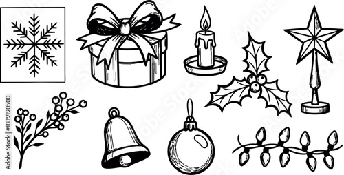 Black and white line art sketch of various christmas decoration elements including gift, holly, bell, candle and star tree topper