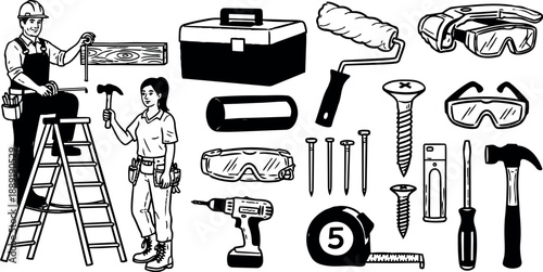 Black and white line art illustration of two construction workers using measuring tape and holding plan with various tools displayed neatly in set