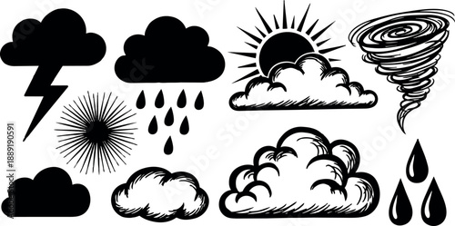 Black and white line art collection of weather symbols including storm cloud tornado rain sun lightning and clouds