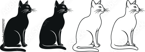 Cat silhouette illustrations set showing sitting feline profiles in black and white for pet design, animal icons, and minimalist vector artwork