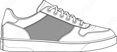 Casual low top sneaker technical footwear design outline isolated, modern street shoe manufacturing template side view, cad drawing flat vector illustration