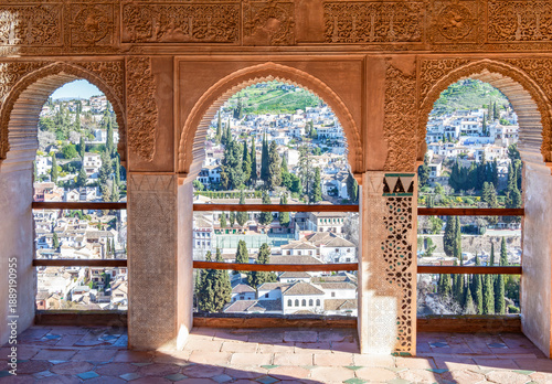 Interiors of medieval Nadrid palace in Alhambra, Granada, Spain