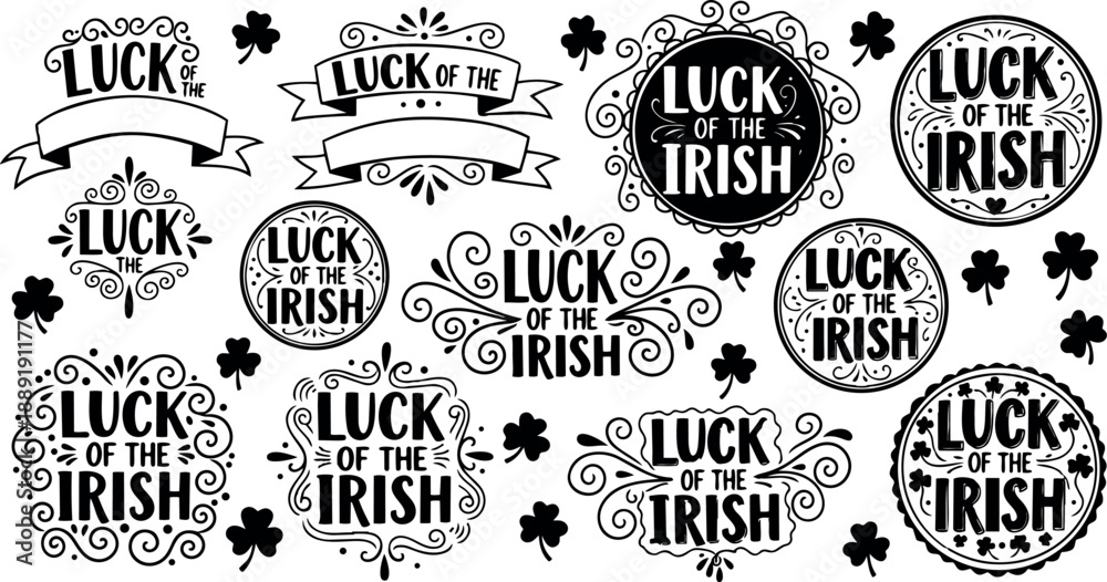 Fototapeta premium Black and white vintage style luck of the irish circular ornamental emblem designs with clover leaves and banners