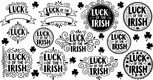 Black and white vintage style luck of the irish circular ornamental emblem designs with clover leaves and banners