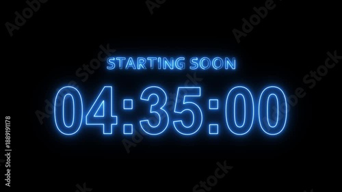 Starting soon digital countdown clock timer in 5 hours to zero second. Neon text number on isolated green background. Element for overlay concept. 4K footage motion video.