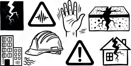 Black and white line art icons warning of earthquakes natural disaster cracked building house and ground safety helmet symbols