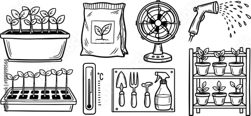 Hand drawn black and white gardening tools and seedling nursery in vintage botanical sketch style with watering can and plant pots illustration