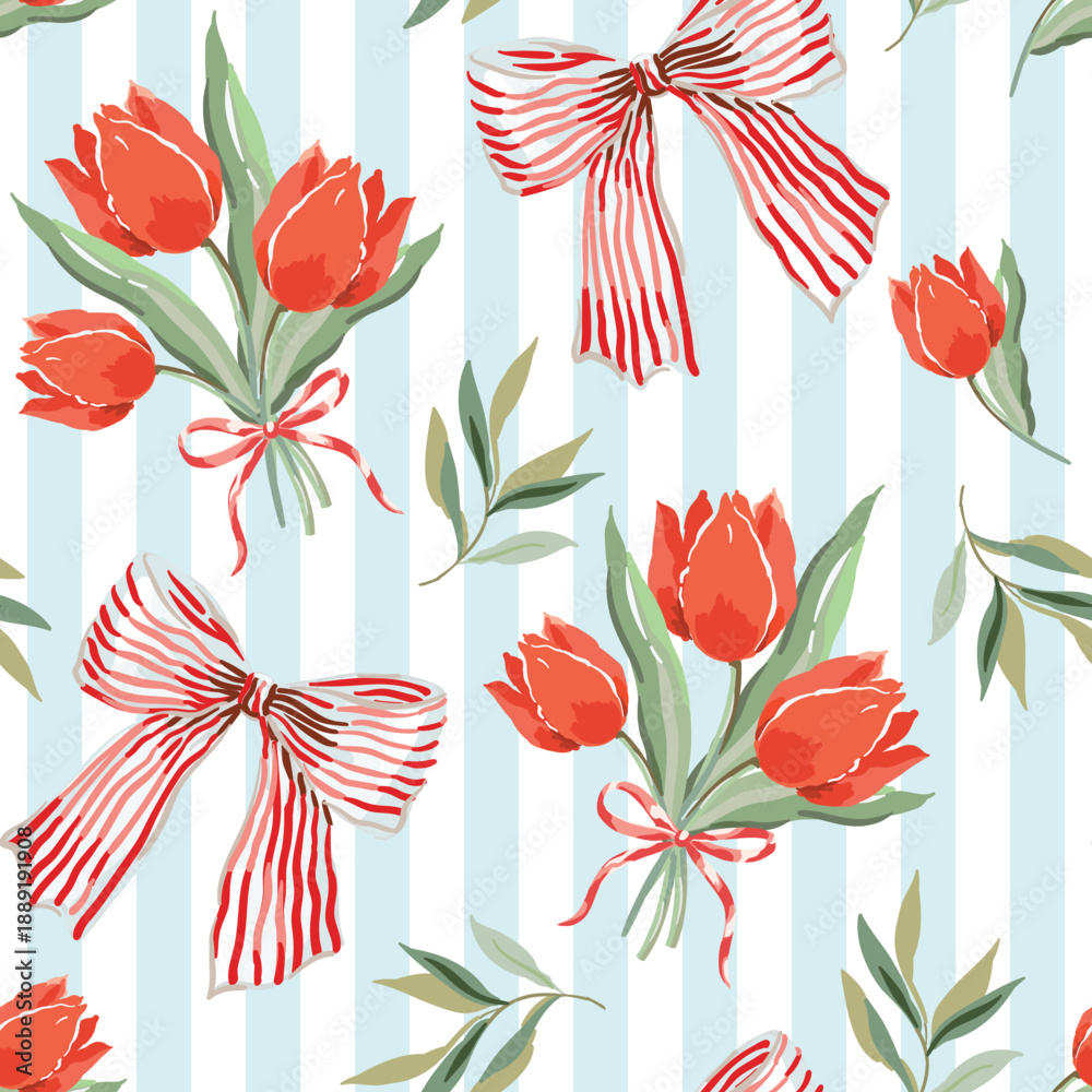 Fototapeta premium Red tulip flowers bouquets, bows, green leaves, striped background. Vector floral illustration. Seamless pattern. Spring garden nature. Botanical design