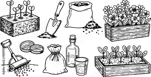 Pen and ink line art close up of gardening tools trowel seed tray and seedlings being potted on workbench vintage illustration