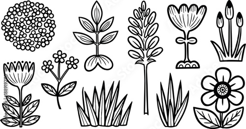 Black and white line art assorted floral elements collection with leaves and grass blades isolated on white background