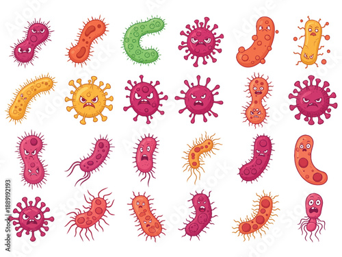 Colorful cartoon bacteria and viruses with various expressions on white background  microorganisms
