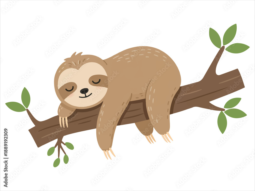 Fototapeta premium Cute cartoon sloth peacefully sleeping while hanging upside down on a thick brown tree branch with green leaves surrounding it illustrating a moment of pure relaxation in natures embrace